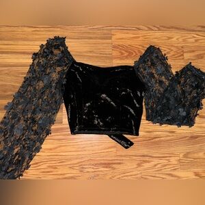 Black Velvet Top with Lace Floral Sleeves